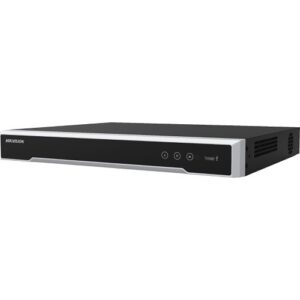 The image shows a sleek, low-profile Network Video Recorder (NVR) designed for professional CCTV systems. It features a black front panel with a silver trim along the edges, giving it a modern and clean appearance suitable for both home and commercial installations. Professional Hikvision 8-channel CCTV NVR, black front panel with PoE support and 4TB storage