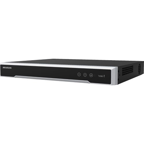 The image shows a sleek, low-profile Network Video Recorder (NVR) designed for professional CCTV systems. It features a black front panel with a silver trim along the edges, giving it a modern and clean appearance suitable for both home and commercial installations. Professional Hikvision 8-channel CCTV NVR, black front panel with PoE support and 4TB storage